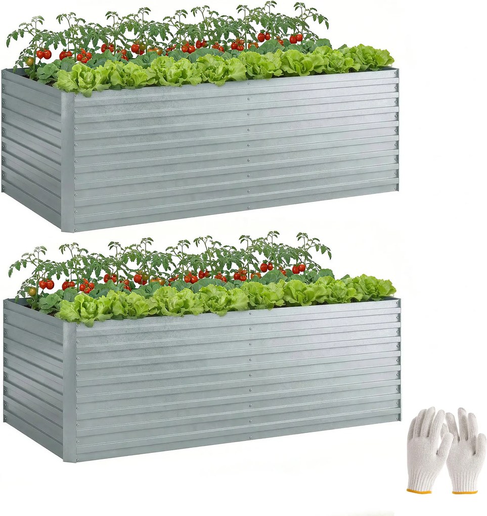 Outsunny pozinkované vyvýšené záhony 2 ks 180 × 90 × 60 cm — hlboké kvetináče s otvoreným dnom, rukavice | Aosom