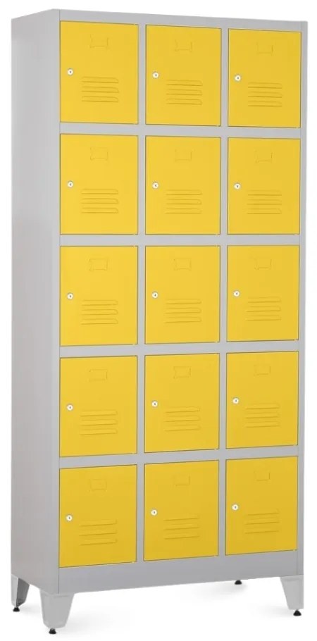 Kovová šatníková skrinka - 15 boxov, 90 x 40 x 196,5 cm, nastaviteľné nôžky, cylindrický zámok, žltá - ral 1023