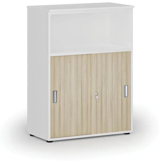 Kombinovaná kancelárska skriňa so zásuvnými dverami PRIMO WHITE, 1087 x 800 x 420 mm, biela/dub prírodná