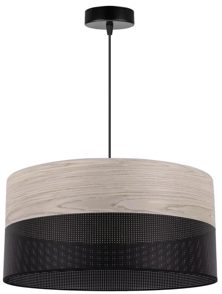 Závesné svietidlo Wood, 1x svetlobéžová dubová dýha/čierne PVC tienidlo, (fi 44cm)