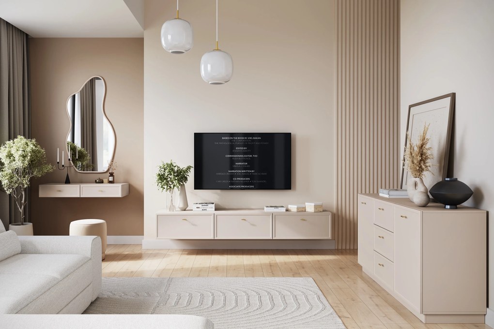 Komoda Lorini 150 cm so zásuvkami - kašmír / zlaté úchytky T-bar