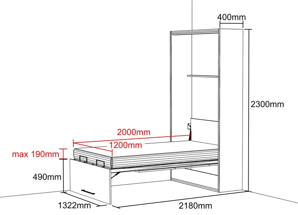 Nabytekmorava Sklápacia posteľ VS 21054, 200 x 120cm Typ farebného prevedenia: Orech / dvere biele