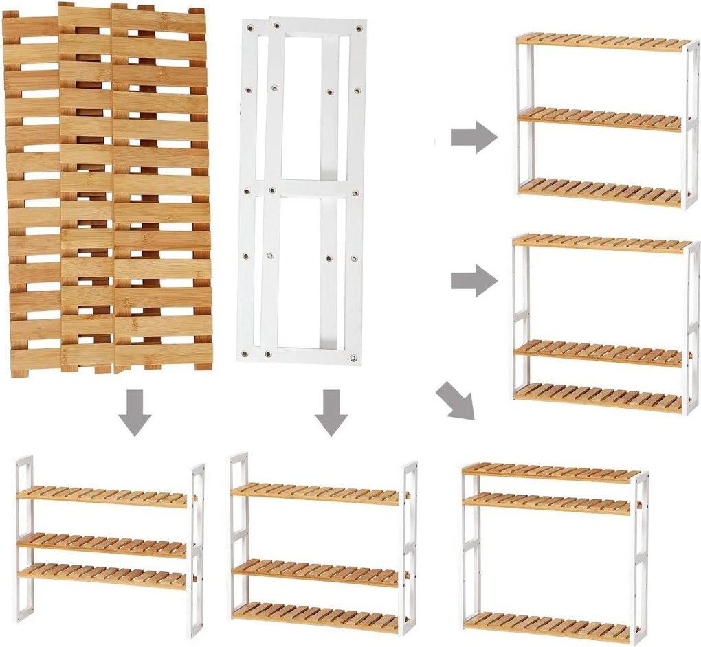 Bambusový 3-úrovňový regál do kúpeľne, prírodná a biela