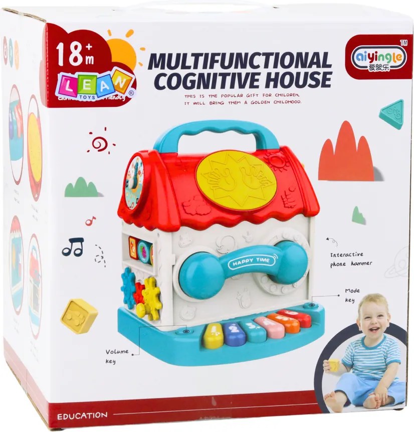 LEAN Toys Edukačná interaktívna kocka domček hrkálka a triedička so zvukmi farebná