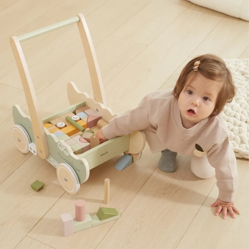 Drevený blokový vozík – krokodíl | Chodítko s kockami pre deti