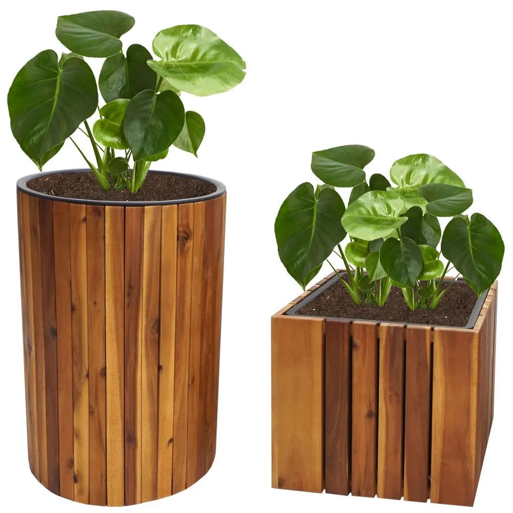 Set 2 kvetináčov HWC-L24, akáciové drevo - hnedá