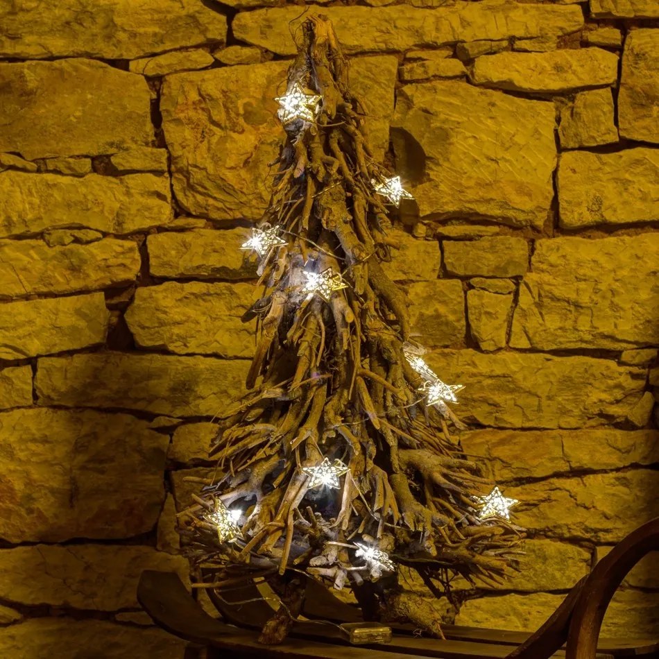 DECOLED Svetelná reťaz LED na batérie, kovové hviezdy, ľadovo biela, 10 diód, 1,3 m