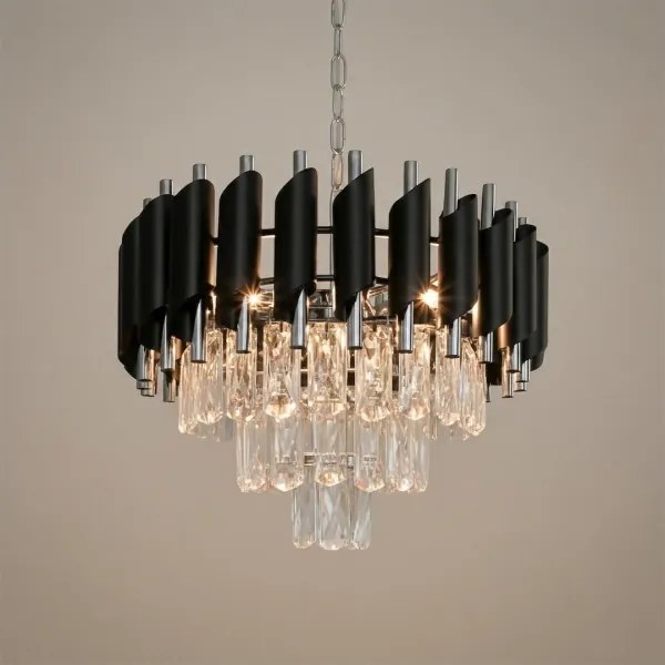 Luster na reťazi CRISTAL 5xE14/10W/230V, priemer 38 cm, čierna / matný chróm
