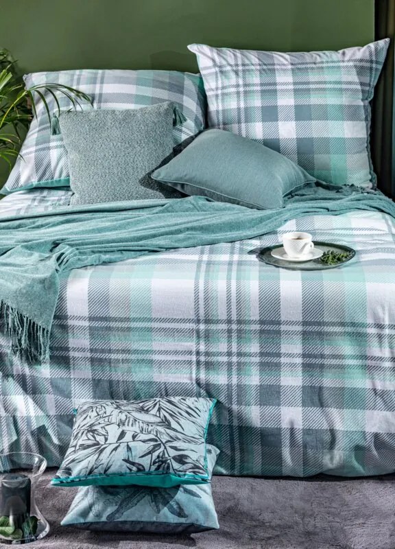 EUROFIRANY Flanelová posteľná súprava s kockovanou potlačou 220 cm x 200 cm mentolová flanel 100% bavlna
