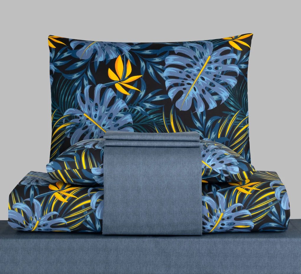 Obliečky bavlnené Monestera modrá TiaHome - 2x Vankúš 90x70cm, 1x Paplón 200x220cm