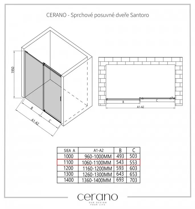 Cerano Santoro, sprchové posuvné dvere 110x195 cm, 6mm číre sklo, čierny profil, CER-CER-429733