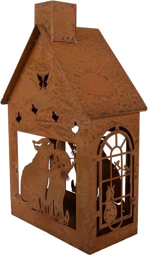 Hrdzavý svietnik v tvare domčeka s mačkami Rustic Charm - 17*10*28 cm