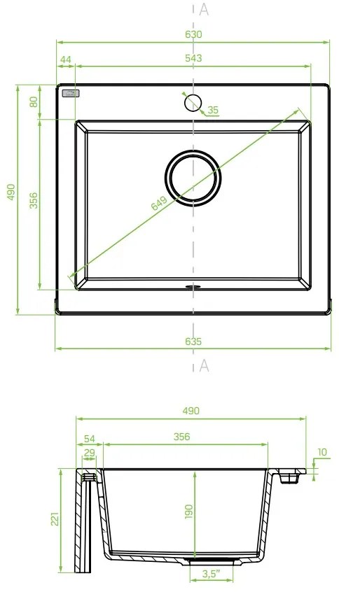 Laveo Komodo, 1-komorový granitový drez 635x490x221 mm, čierna škvrnitá, LAV-SBK_710T