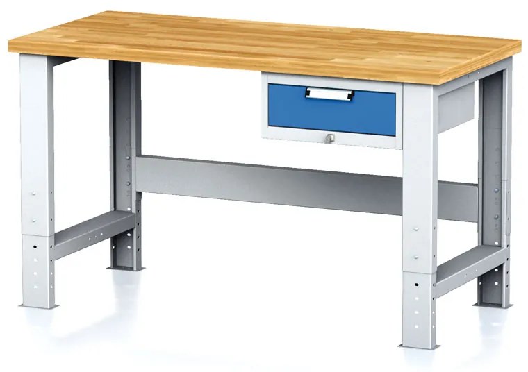 Nastaviteľný dielenský stôl MECHANIC I, závesný box na náradie, 1 zásuvka, 1500x685x700-1055 mm, modré dvere