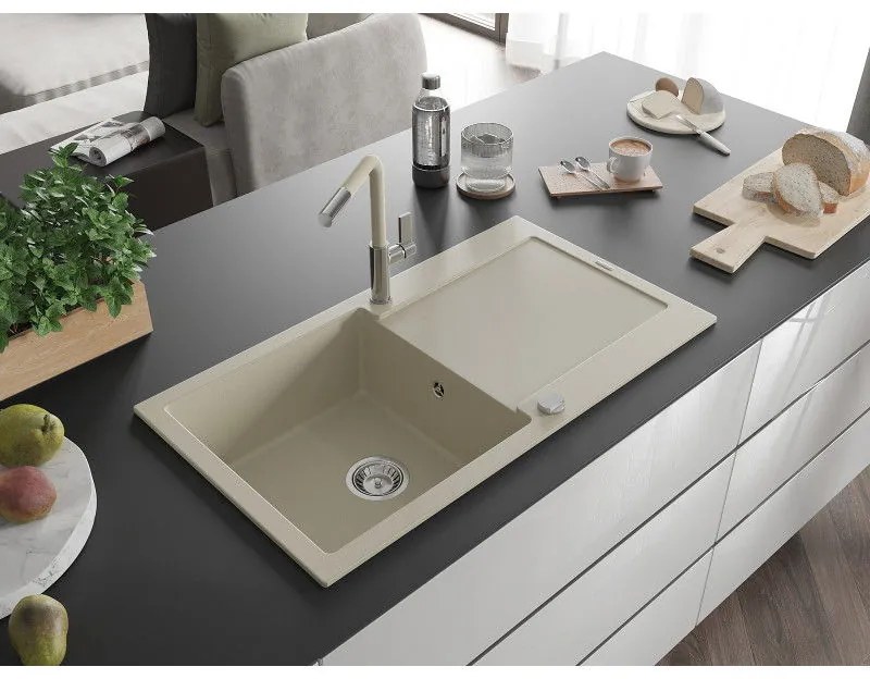Mexen Leo, 1-komorový granitový drez 900x500x190 mm a drezová batéria Flora, béžová, 6501-69-670401-09