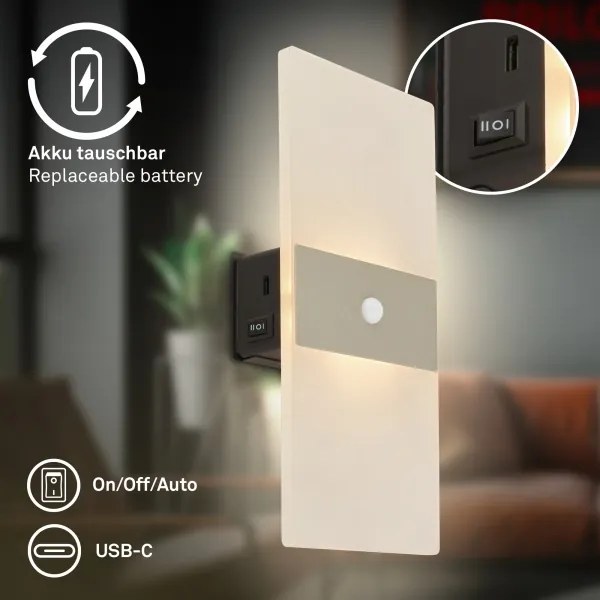 Briloner 3888012 - Nabíjateľné nástenné LED svietidlo AURA so senzorom, 2,5 W / 5 V, 1800 mAh, matné