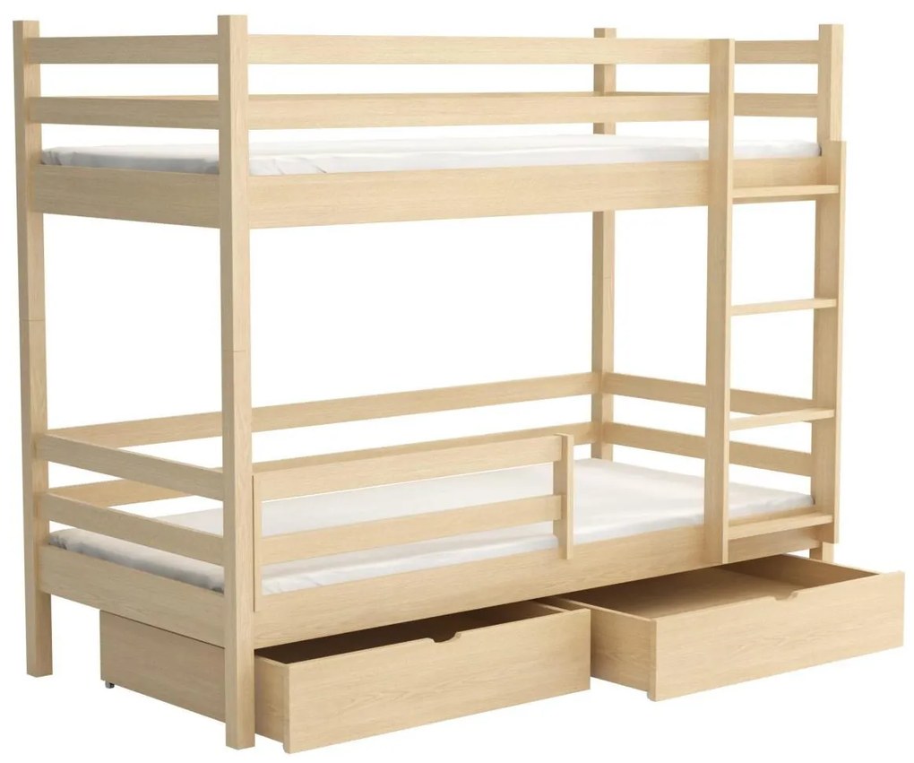 Detská poschodová posteľ z masívu borovice LEGEND PLUS so šuplíkmi - 200x90 cm - PRÍRODNÁ BOROVICA