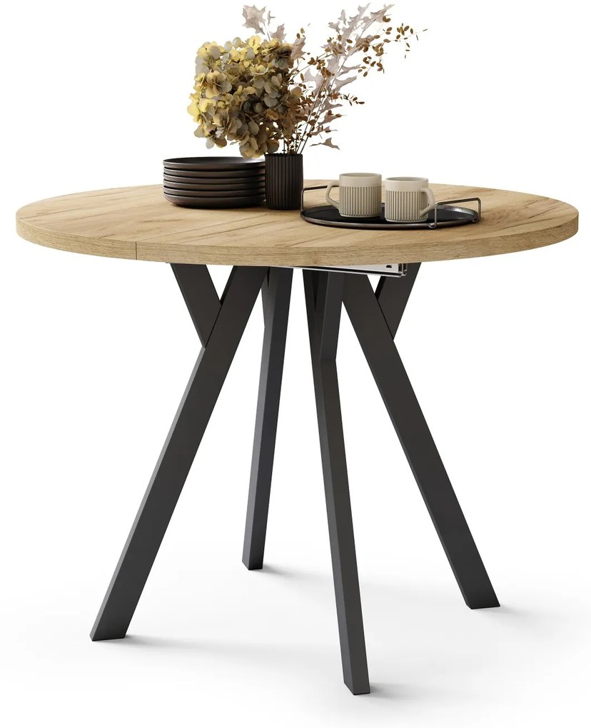 ALMO 100 Dub Craft Gold/čierne nohy - OKRÚHLY LOFTOVÝ/INDUSTRIÁLNY ROZKLADACÍ STÔL DO OBÝVAČKY/JEDÁLNE