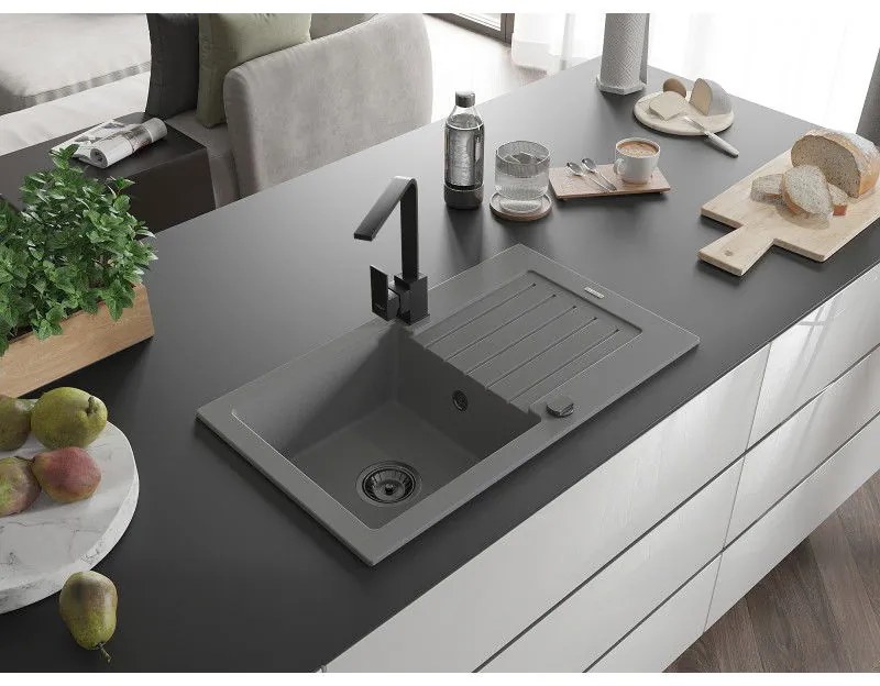 Mexen Pablo, granitový drez 752x436x161 mm, 1-komorový a čierna batéria Rita, šedá, 6510-71-670300-70-B