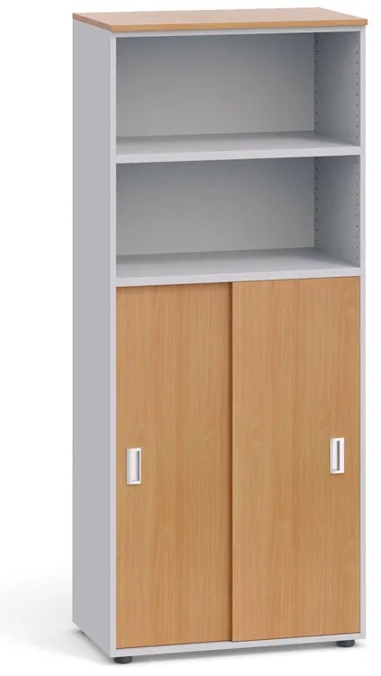 Kancelárska skriňa PRIMO, zasúvacie dvere na 3 poschodia, 800 x 420 x 1781 mm, sivá / buk