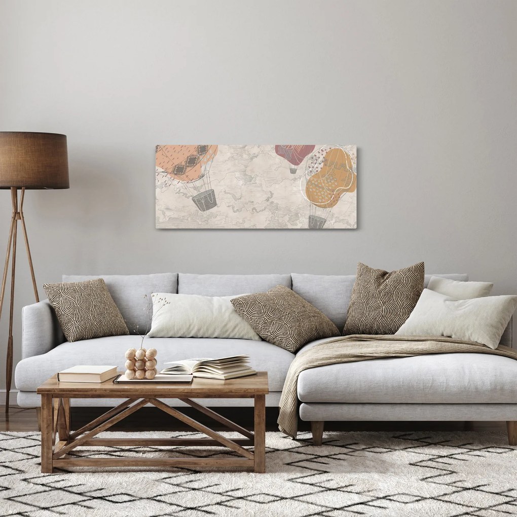 Obraz - Balóny nad mestom, teplé tóny (120x50 cm)