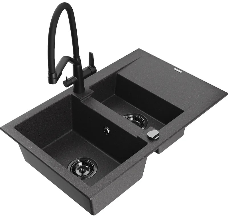 Mexen Gaspar, granitový drez 737x475x177 mm, 1,5-komorový a drezová batéria Duo, čierna škvrnitá, 6507-76-671701-70-B