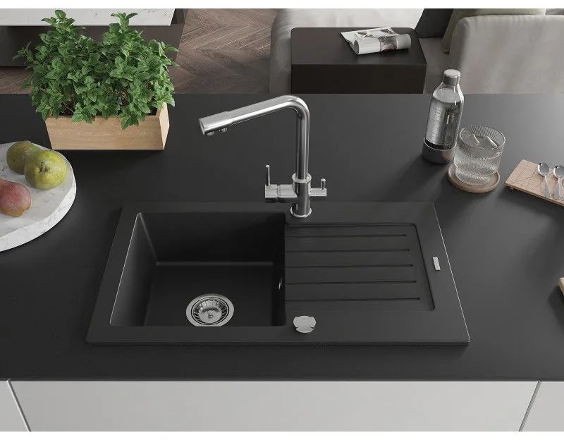Mexen Pablo, granitový drez 752x436x161 mm, 1-komorový a chrómová batéria Duero, čierna, 6510-77-671600-00