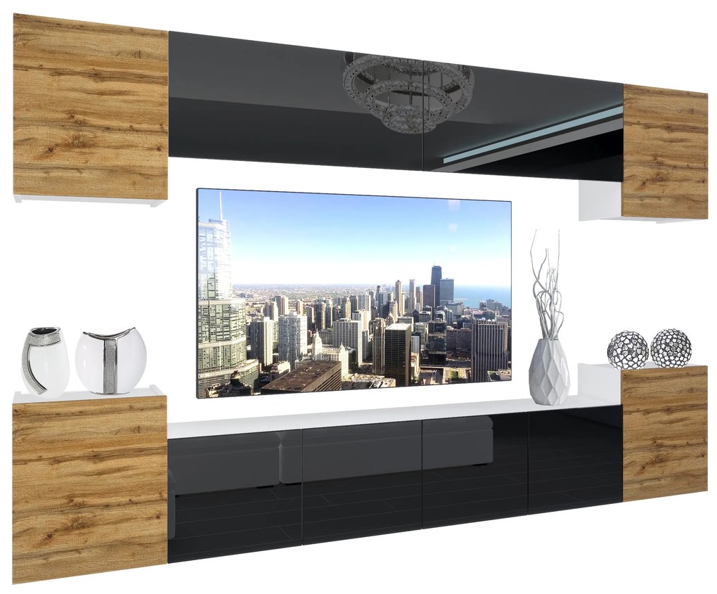 Obývacia stena Belini Premium Full Version dub wotan / čierny lesk + LED osvetlenie Nexum 68