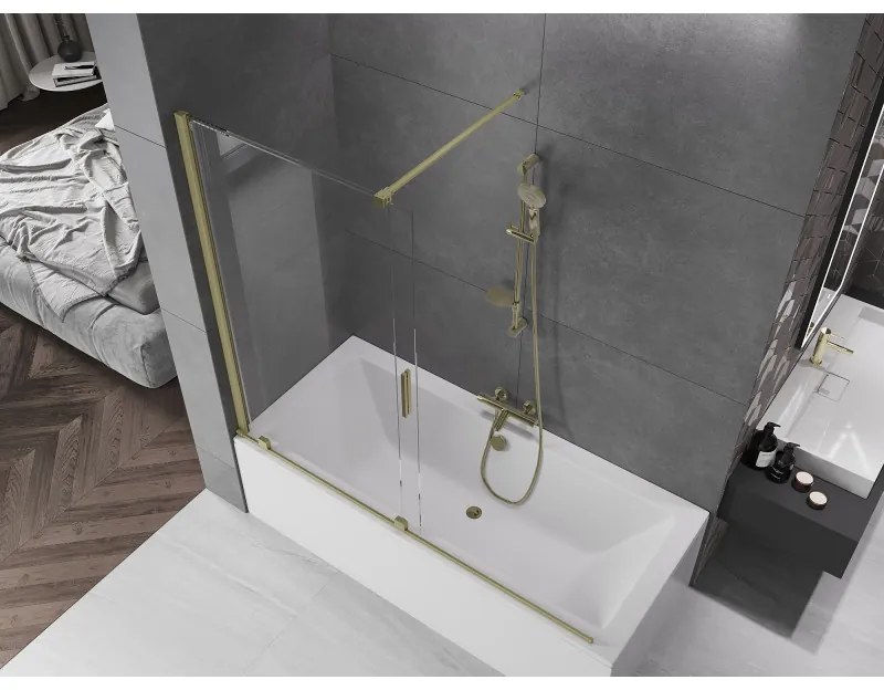 Mexen Velar, 2-krídlová posuvná vaňová zástena 170 x 150 cm, 8mm číre sklo, zlatý matný profil, 896-170-000-01-55