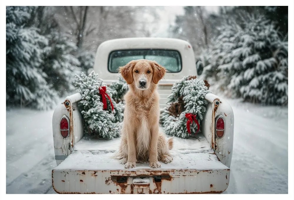 Obraz vianočný pes na zasneženej ceste