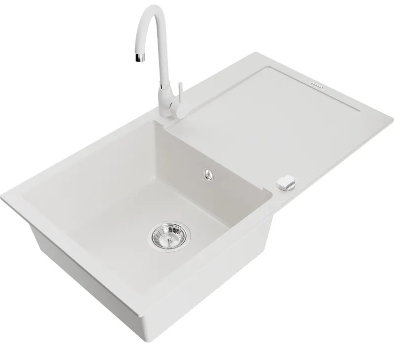 Mexen Leo, 1-komorový granitový drez s odkvapkávačom 90x50 cm a kuchynskou batériou Telma, biela, 6501-20-670200-20