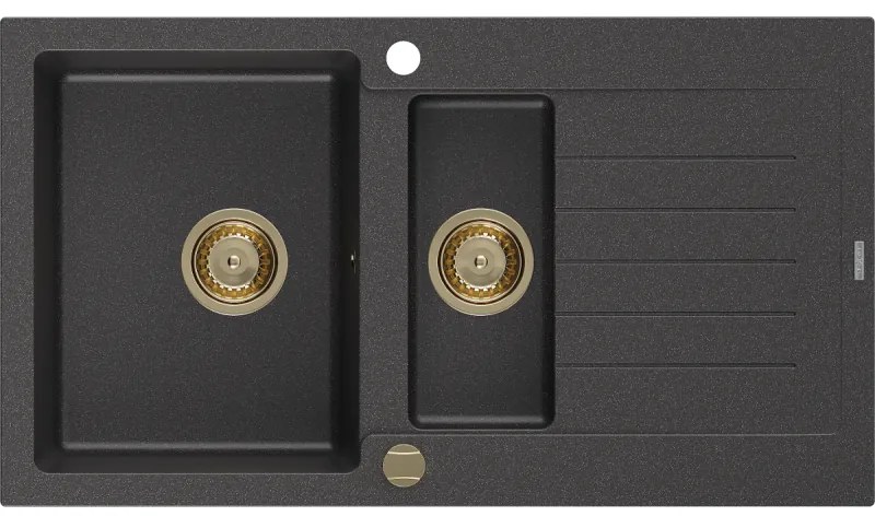 Mexen Matias - drez granitový 900x505x200 mm, 1,5-komorový, čierna škvrnitá s čiernym sifónom, 6502901505-76-G