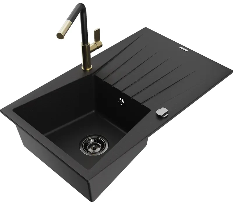 Mexen Cesar, 1-komorový granitový drez 775x470x190 mm a drezová batéria Flora, čierna, 6514-77-670401-57-B