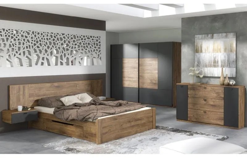 Kondela Spálňový komplet (posteľ 160x200 cm, 2x nočný stolík, skriňa), dub ribeck/tmavý grafit, ARMENY