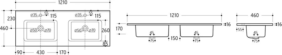 Comad Nábytkové keramické dvojumývadlo GO 120D/DP -8095, 121x46 cm, biela lesklá