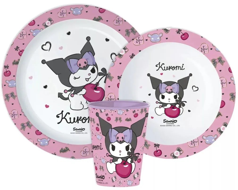 Sada plastového riadu Kuromi s pohárikom - bez obsahu BPA – súprava 3 ks