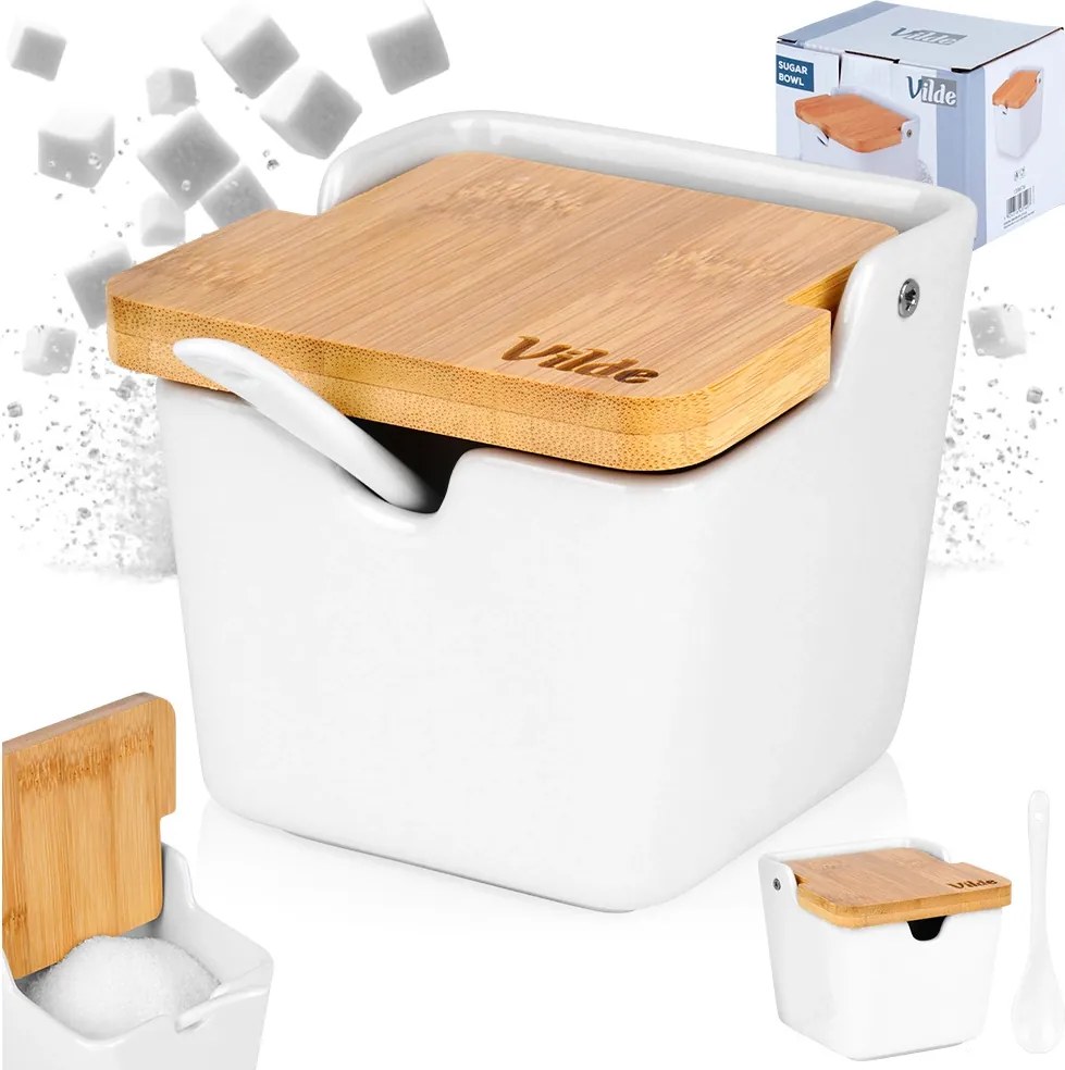 VILDE 2. akosť - Hranatá keramická cukornička /soľnička s bambusovým viečkom a lyžičkou, 250ml VILDE, biela