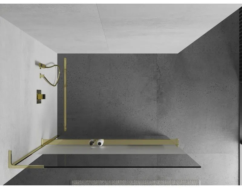 Mexen Kioto+ L, sprchová zástena Walk-In s poličkou a vešiakom 110 x 200 cm, 8mm číre sklo-námraza, zlatý lesklý profil,800-110-123-50-35