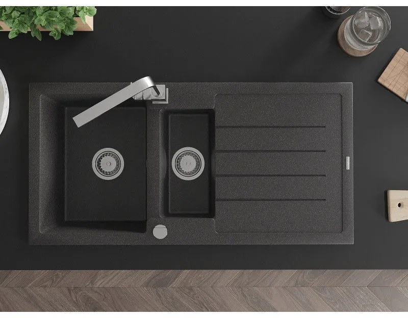 Mexen Andres, granitový drez 1000x500x200 mm, 1,5-komorový, čierna škvrnitá s chrómovým sifónom a chrómová drezová batéria Rita, 6515-76-670300-00