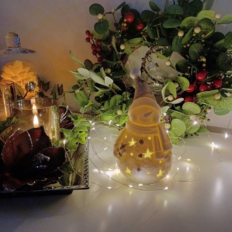 DECOLED Keramický sněhulák, 9,3 x 8,8 x 16,5 cm, teple bílá, 2xLR44