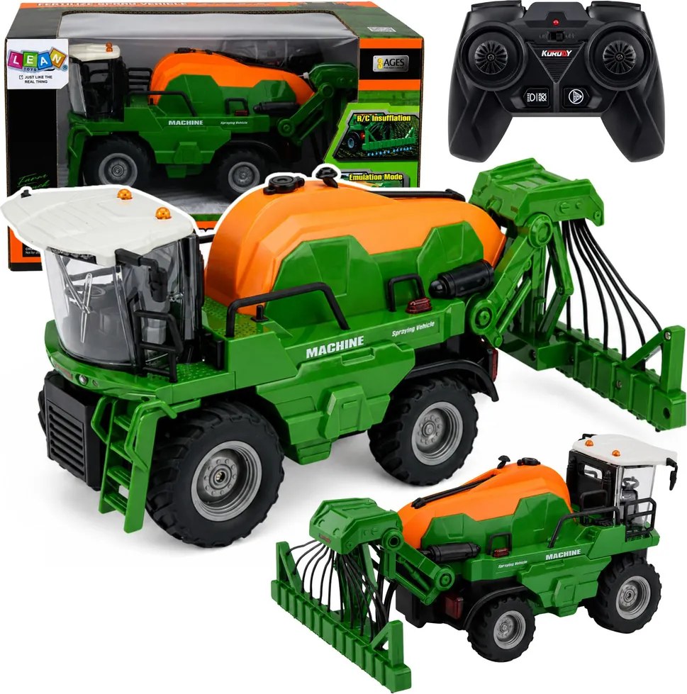 LEAN Toys Poľnohospodársky kombajn s postrekovačom, funkcia postrekovania, svetlá, zvuky, mierka 1:24