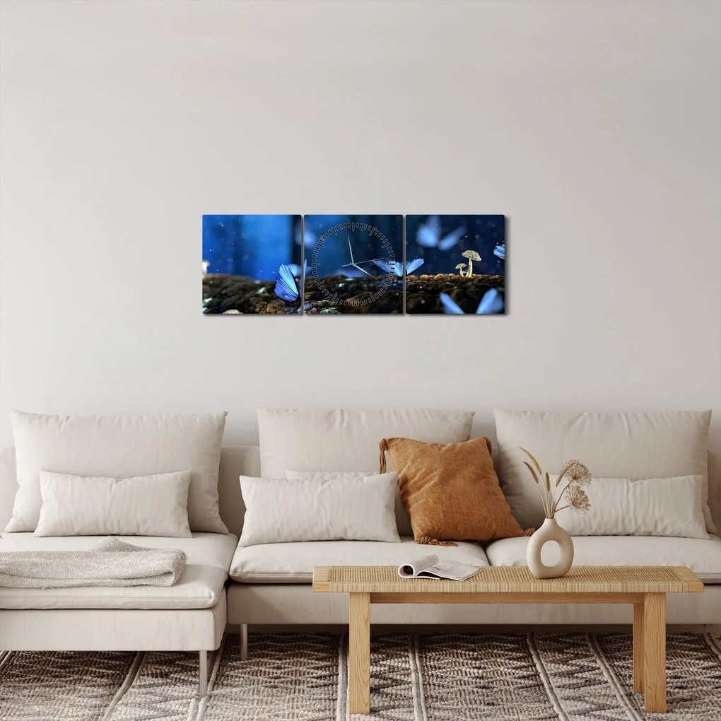 Obraz modrých motýľov (s hodinami) (90x30 cm)