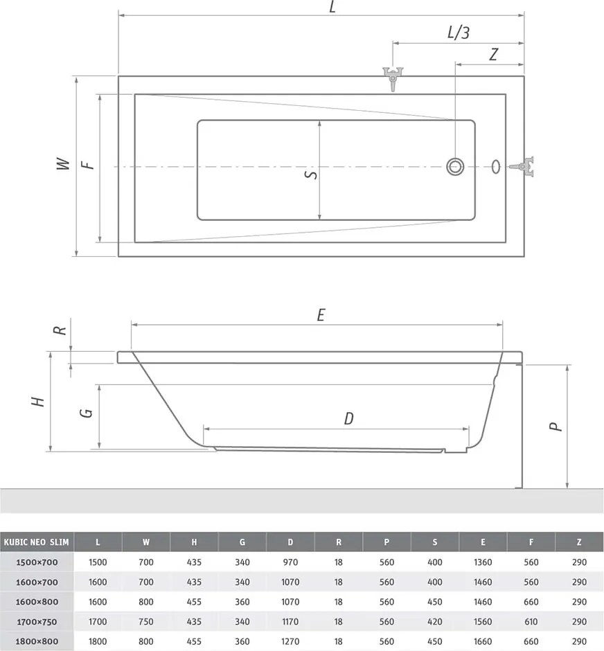 Roth Obdĺžniková akrylátová vaňa s extra tenkým lemom KUBIC NEO SLIM ROTH-Variant: rozmery: 150x70 cm - (KUBIC NEO SLIM 150x70 - 9300SLM)