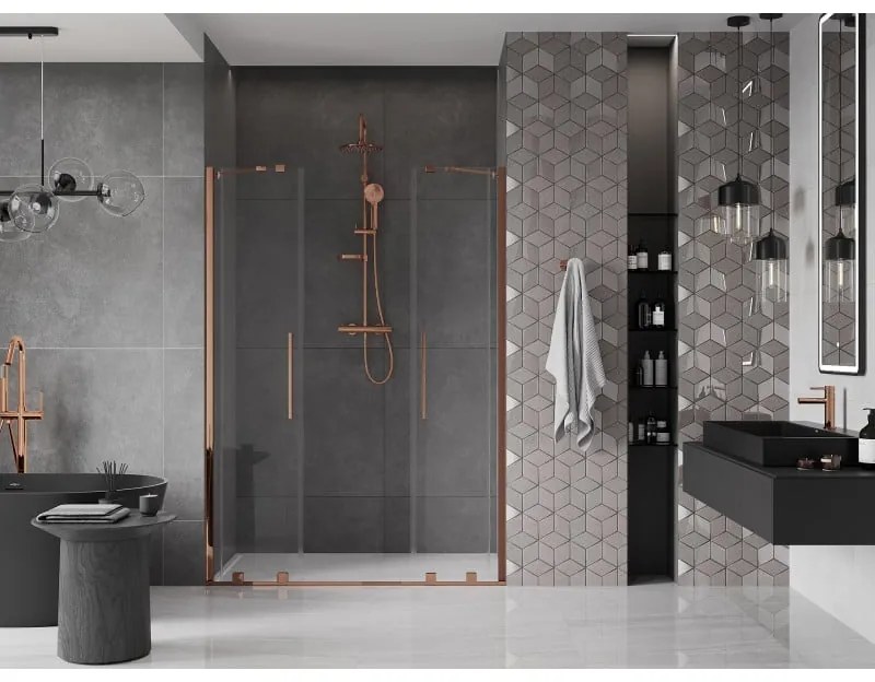 Mexen Velar Duo, posuvné dvere do otvoru 140x200 cm, 8mm číre sklo, ružové zlato, 871-140-000-02-60