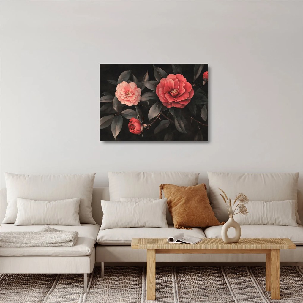 Sklenený obraz - Červené kvety na tmavom pozadí (70x50 cm)