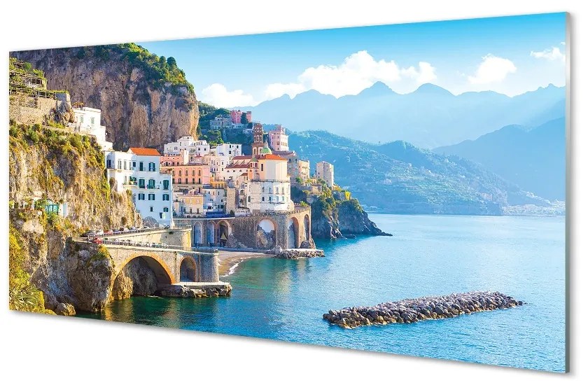 Sklenený obraz Taliansko pobrežie morské stavby 140x70 cm