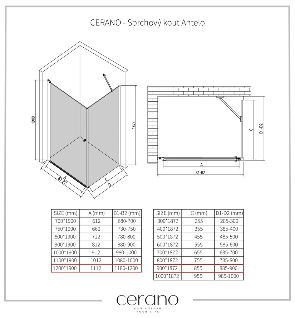 CERANO - Sprchovací kút Antelo L/P - čierna matná, transparentné sklo - 120x90 cm - krídlový, CER-CER-482233