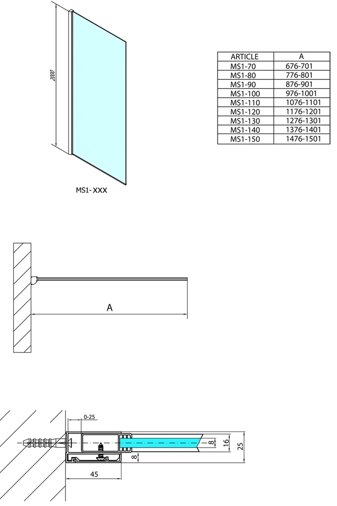Polysan Polysan, MODULAR SHOWER stena na inštaláciu na múr, jednodielna, 700 mm, MS1-70
