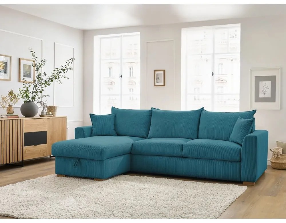 Modrá menčestrová rozkladacia rohová pohovka (variabilná) Augustin – Bobochic Paris