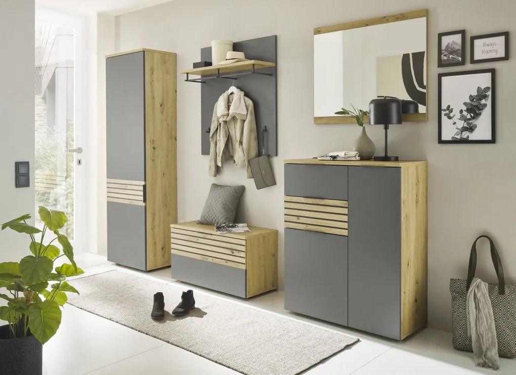 Predsieňová šatníková skriňa Milan, dub artisan/šedá